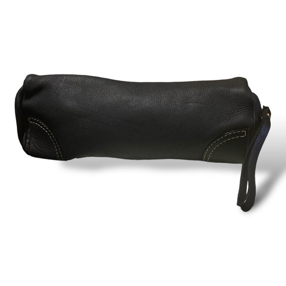 KATE SPADE Pebble Leather Barrel Clutch Hand Held Black Gold Hardware Dark Goth - Picture 14 of 15